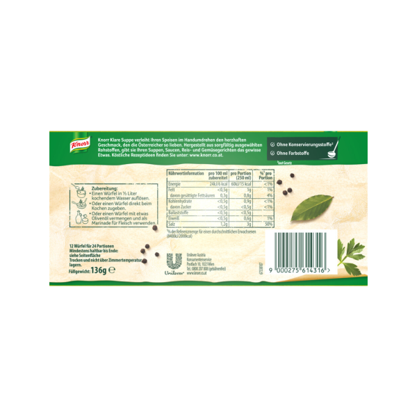 Knorr Klare Suppe, rein pflanzlich, 12 Würfel, Rückseite